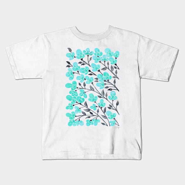 turquoise cherry blossoms Kids T-Shirt by CatCoq